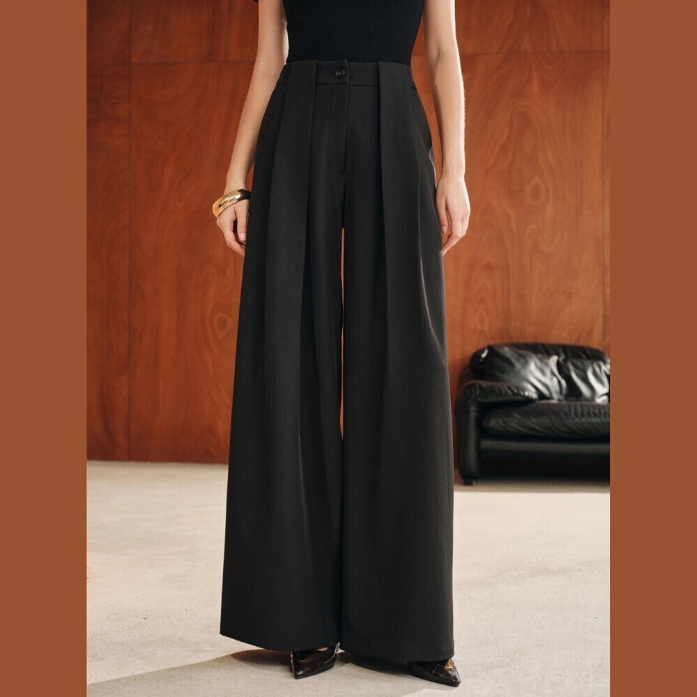 Black Pleated High Waist Wide Leg Trousers with Button Tab Closure